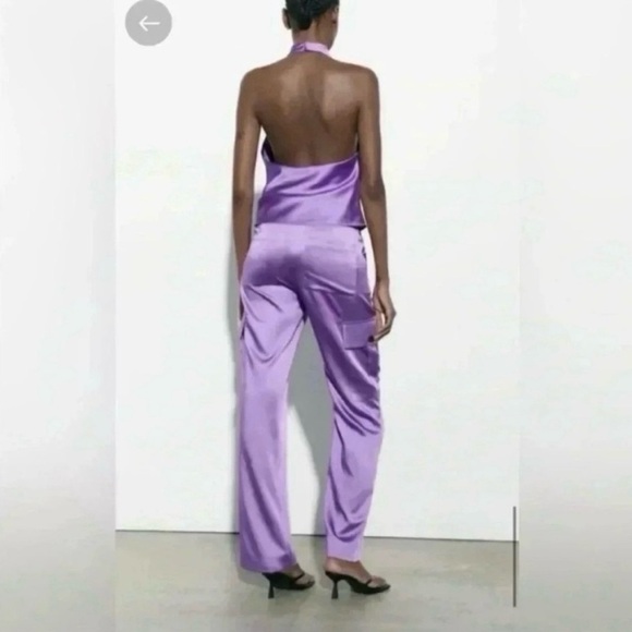 Zara Satin Lavender Cargo Pants Silky Straight Leg Utility Trousers Size XS - Picture 6 of 8